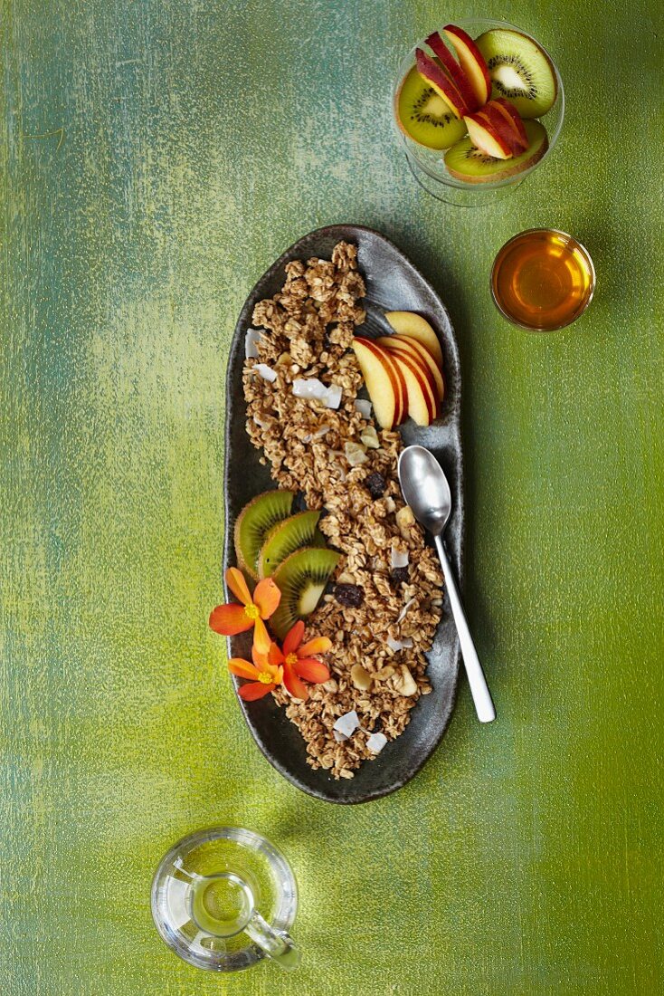 Müsli mit frischen Früchten auf länglichem Teller (Aufsicht)