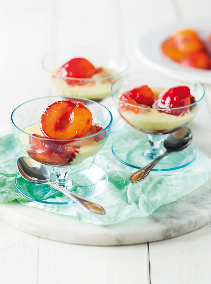 Vanilla cream with poached plums