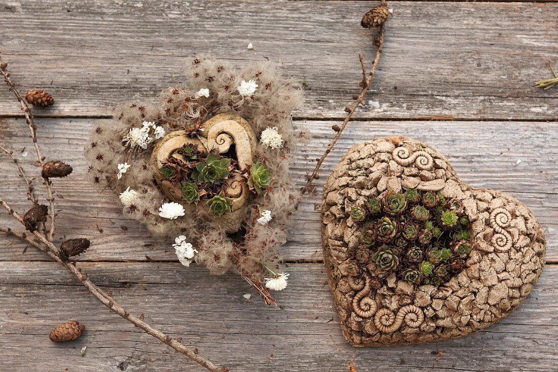 Keramikherzen herbstlich dekoriert mit Hauswurz und Trockenblumen