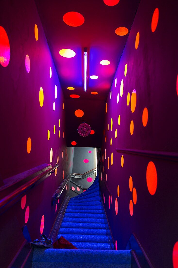 Colourful spots of light on purple staircase walls