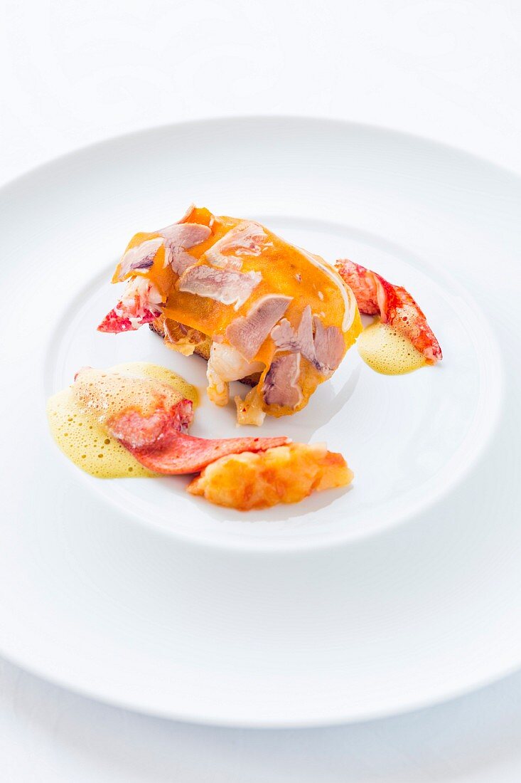 Lobster with foam from the restaurant Restaurant L Auberge des Glazicks in Plomodiem, France