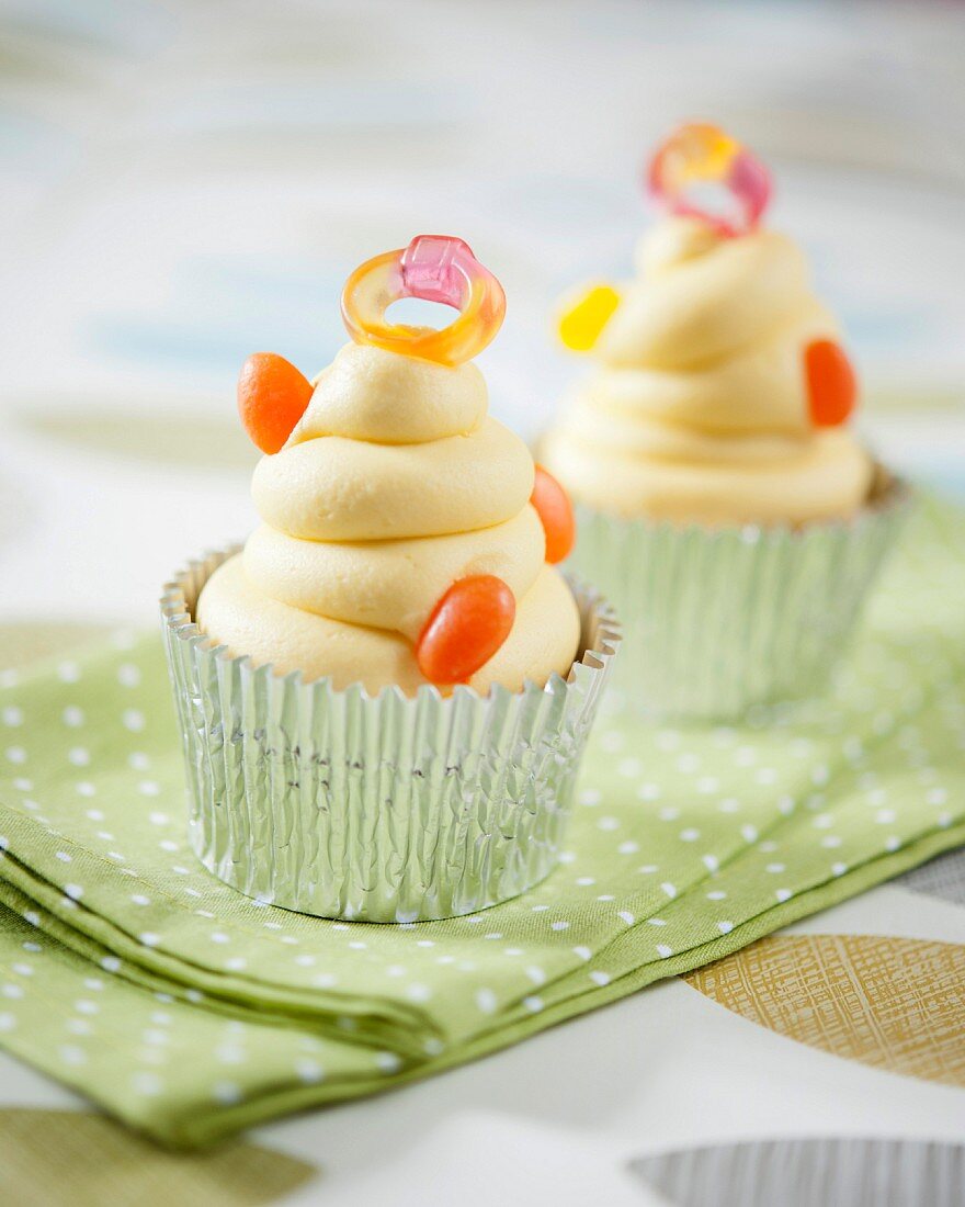 Cupcakes decorated with jelly beans and jelly rings