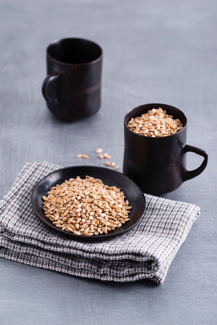 Getreidekörner (Einkorn) in Tasse und auf Teller