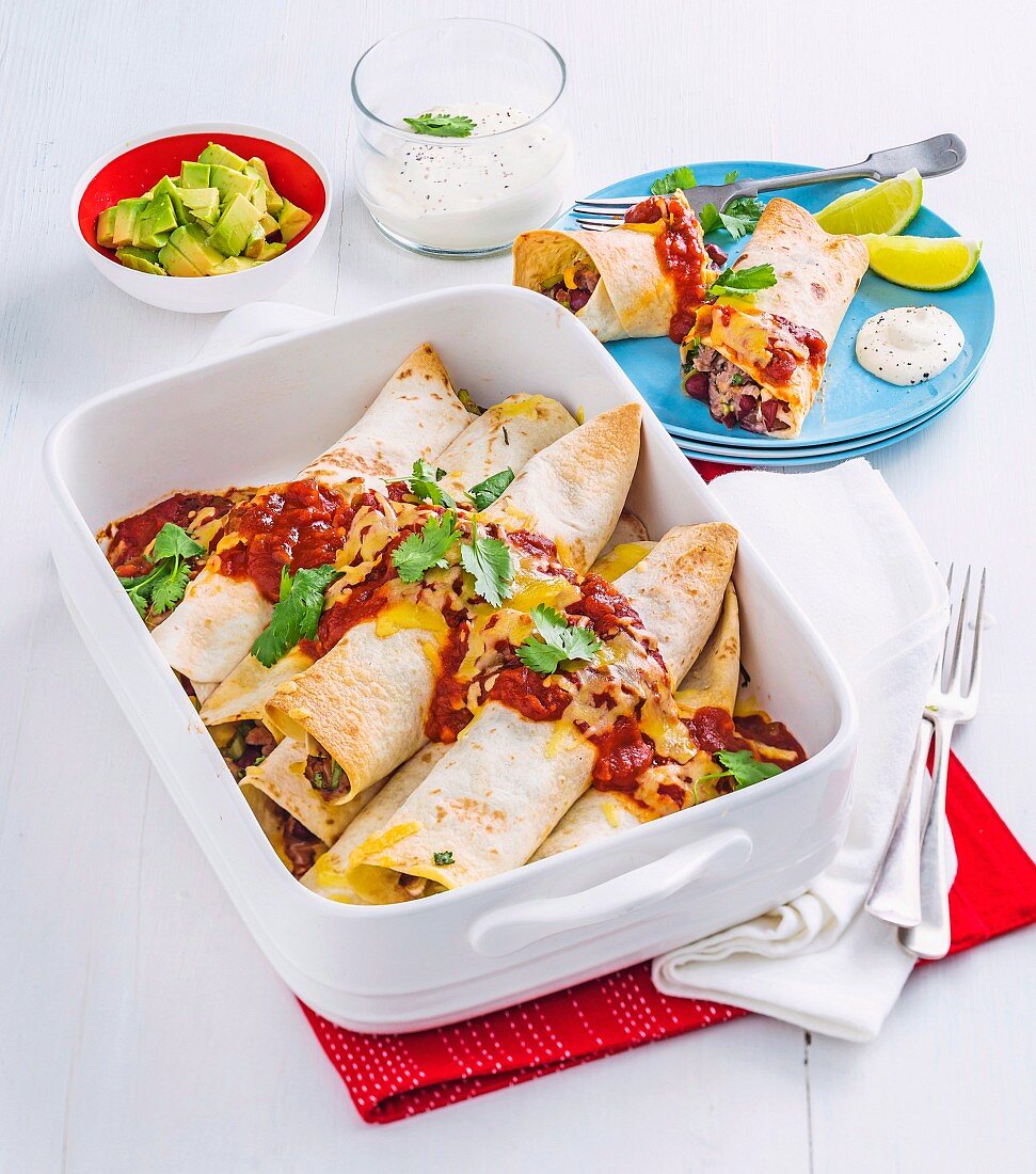 Beef enchiladas with chilli beans and cheese