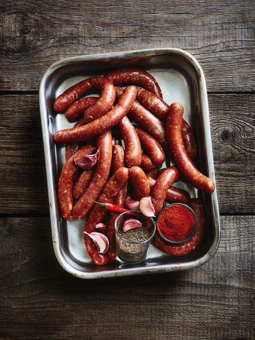 Merguez (North African sausages) on a baking tray