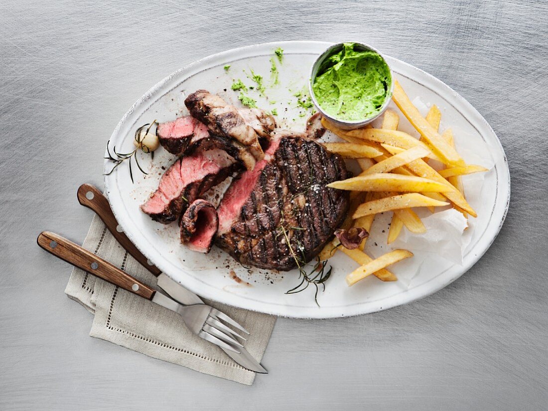 Wagyu ribeye steak with chips and wild garlic butter