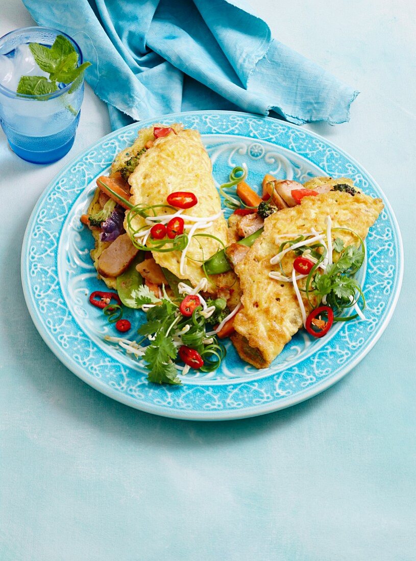Stuffed Thai noodle omelettes with chilli