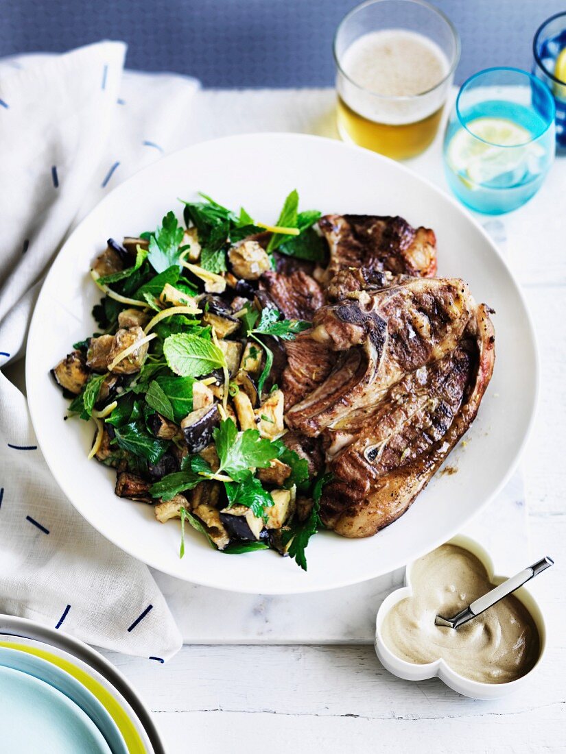 Grilled lamb with aubergine salad