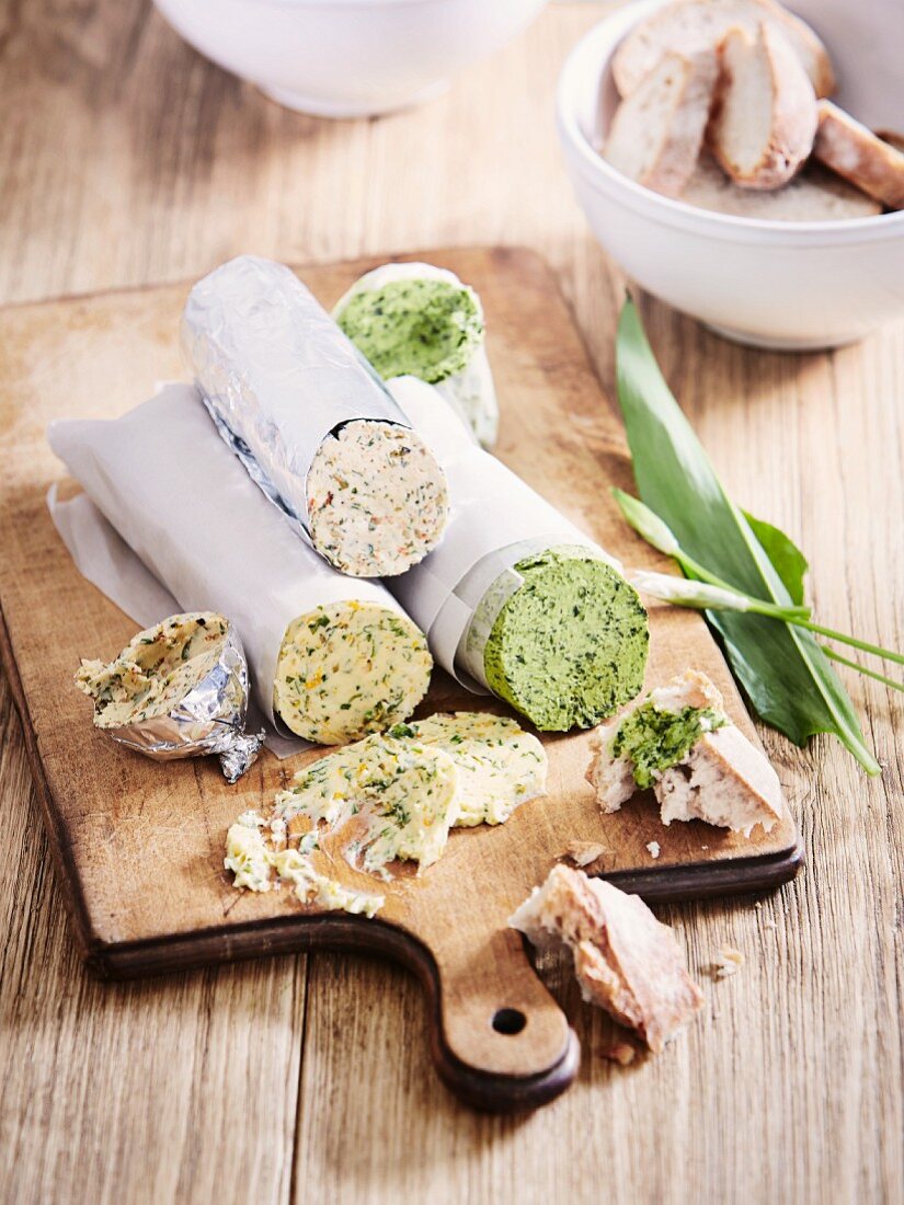 Wild garlic, orange and tarragon butter and coriander and chilli butter