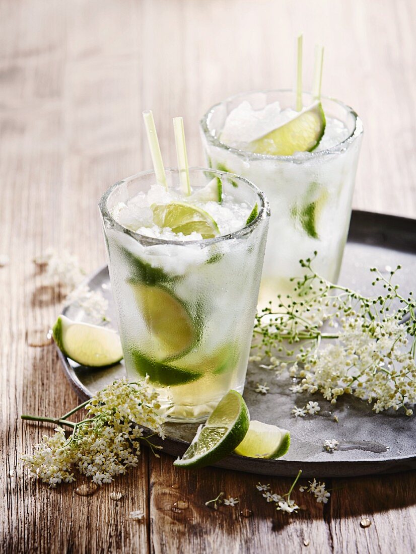 Hugo Caipirinas with elderflowers