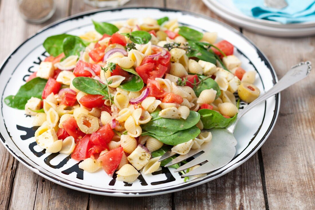 Conchiglie rigate salad with mozzarella, tomatoes, spinach, olives and pesto