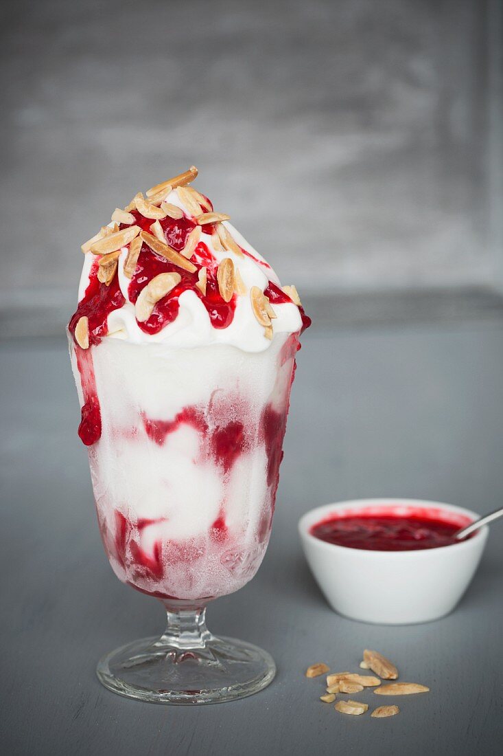 Frozen yoghurt ice cream with raspberry sauce and slivered almonds