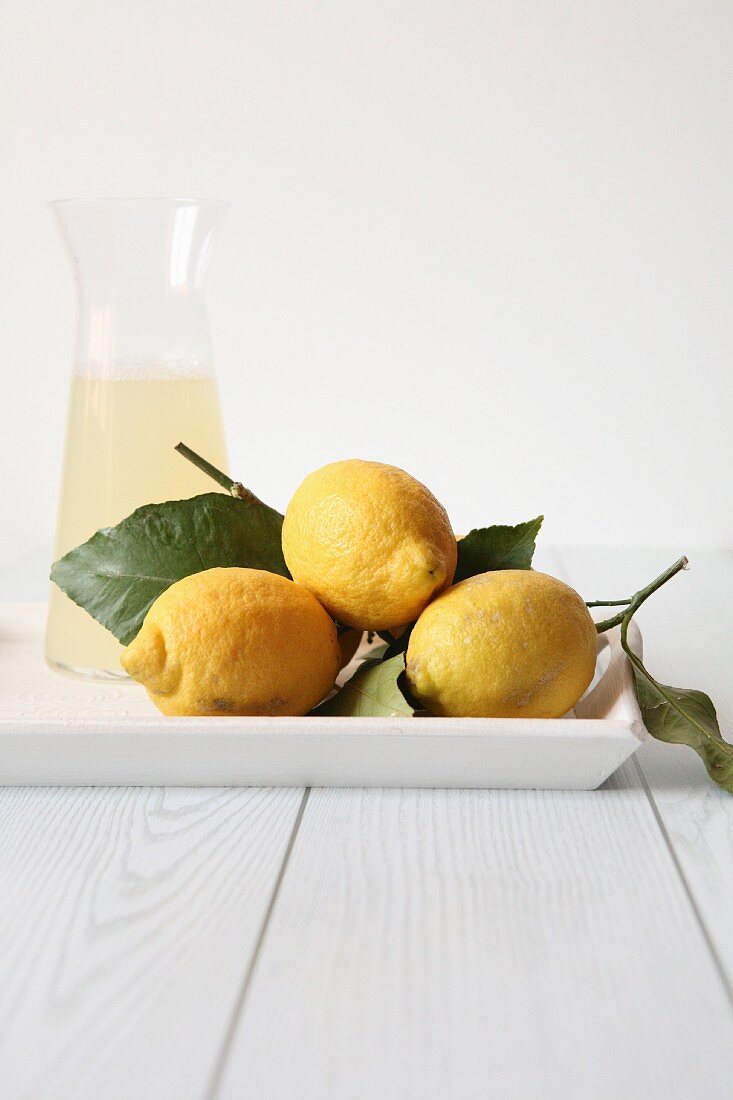 Fresh lemons, and white wine in a glass carafe