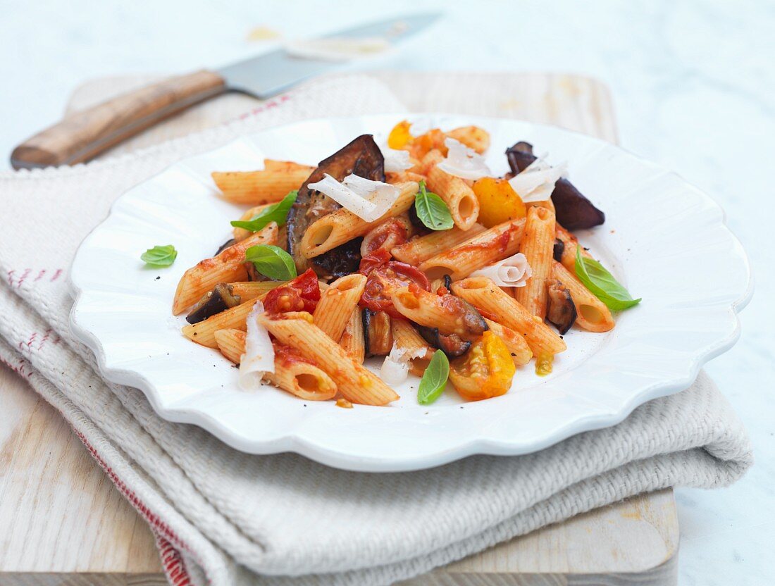 Penne Alla Norma with aubergines, tomatoes and basil