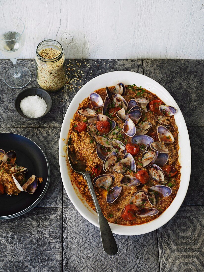 Fregola (Sardinian pasta) with mussels and cocktail tomatoes