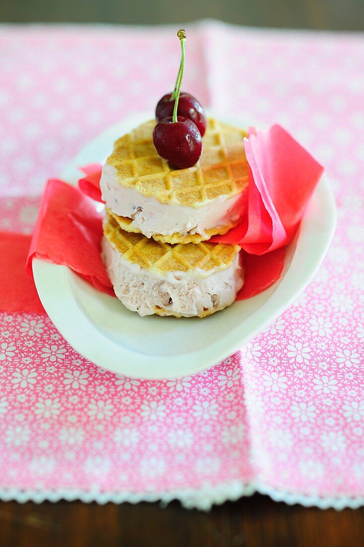 Ice cream sandwiches with cherry and banana ice cream