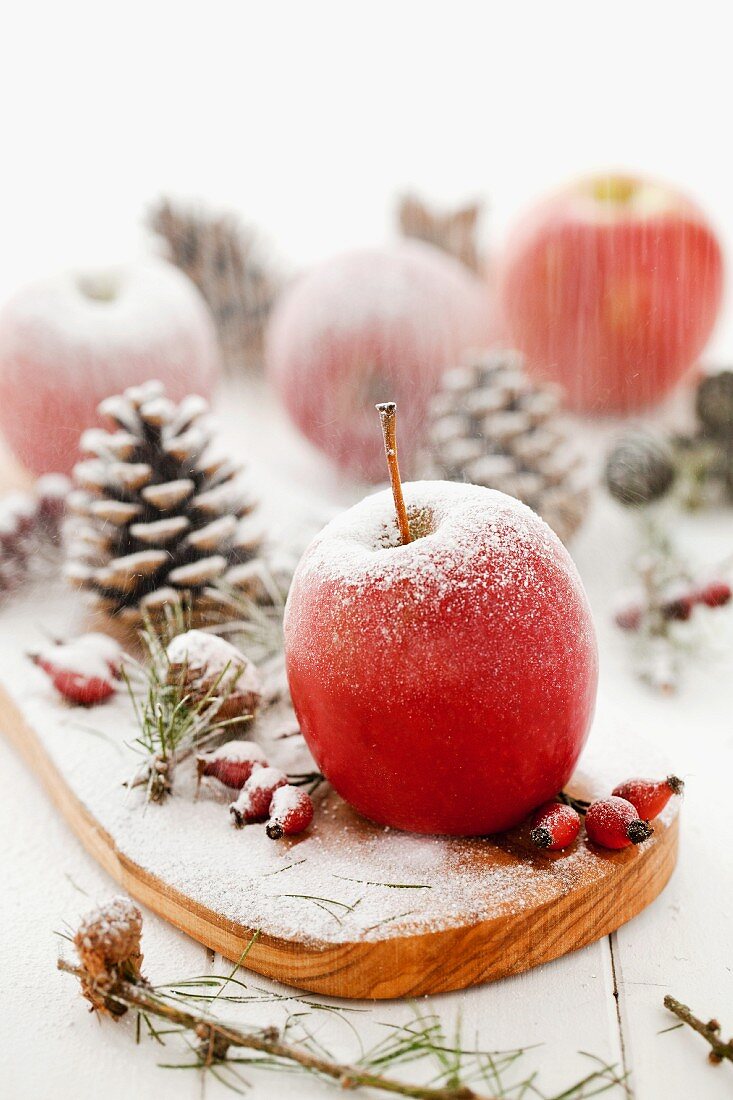 Weihnachtsdeko mit roten Äpfeln, Hagebutten, Zapfen & Puderzucker