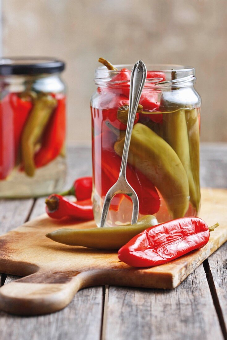 Pickled red and green chilli peppers