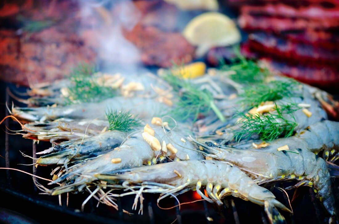 Riesengarnelen mit Fenchel & Zitronen auf dem Grillrost