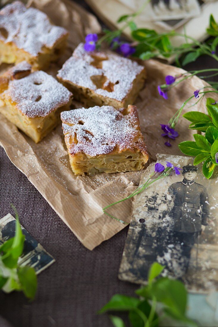 Apple cake tray bake with icing sugar