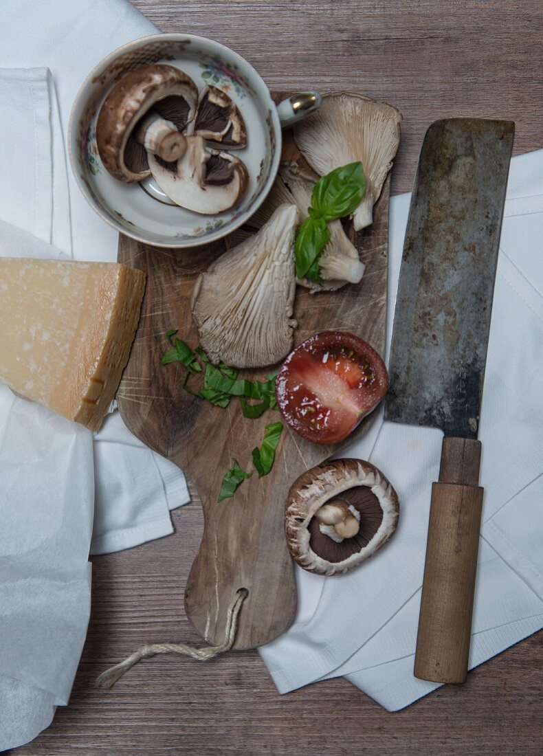 Zutatenstilleben mit Pilzen, Tomaten, Parmesan & Basilikum