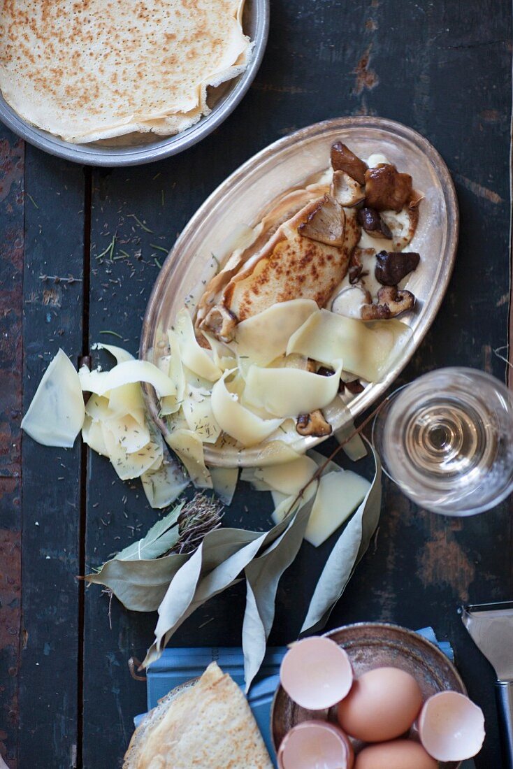 Soufflé crepes with shiitake mushrooms and Gruyere