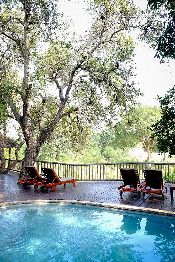 Sun loungers on wooden deck adjoining pool