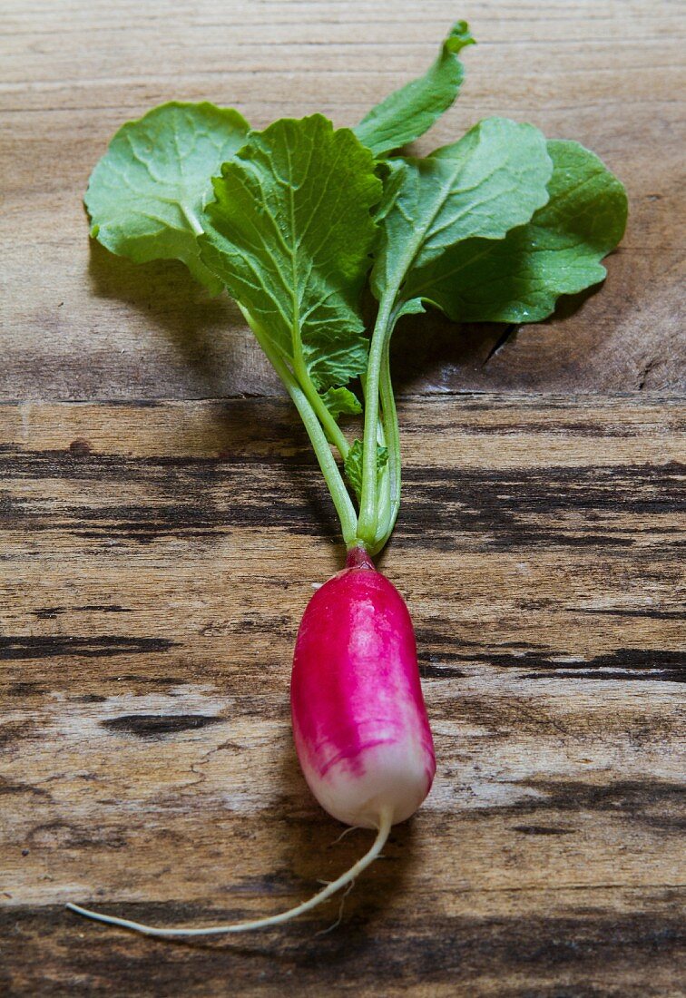 Radish with leaves on a wooden surface