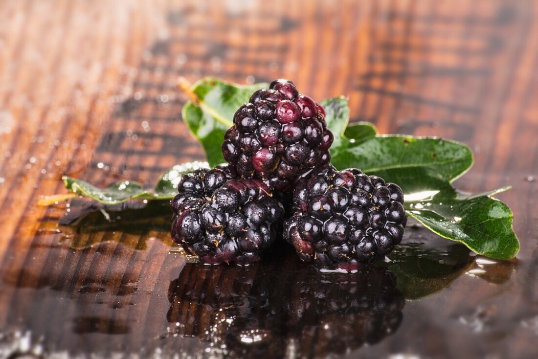 Drei Brombeeren mit Blättern auf feuchtem Holzuntergrund