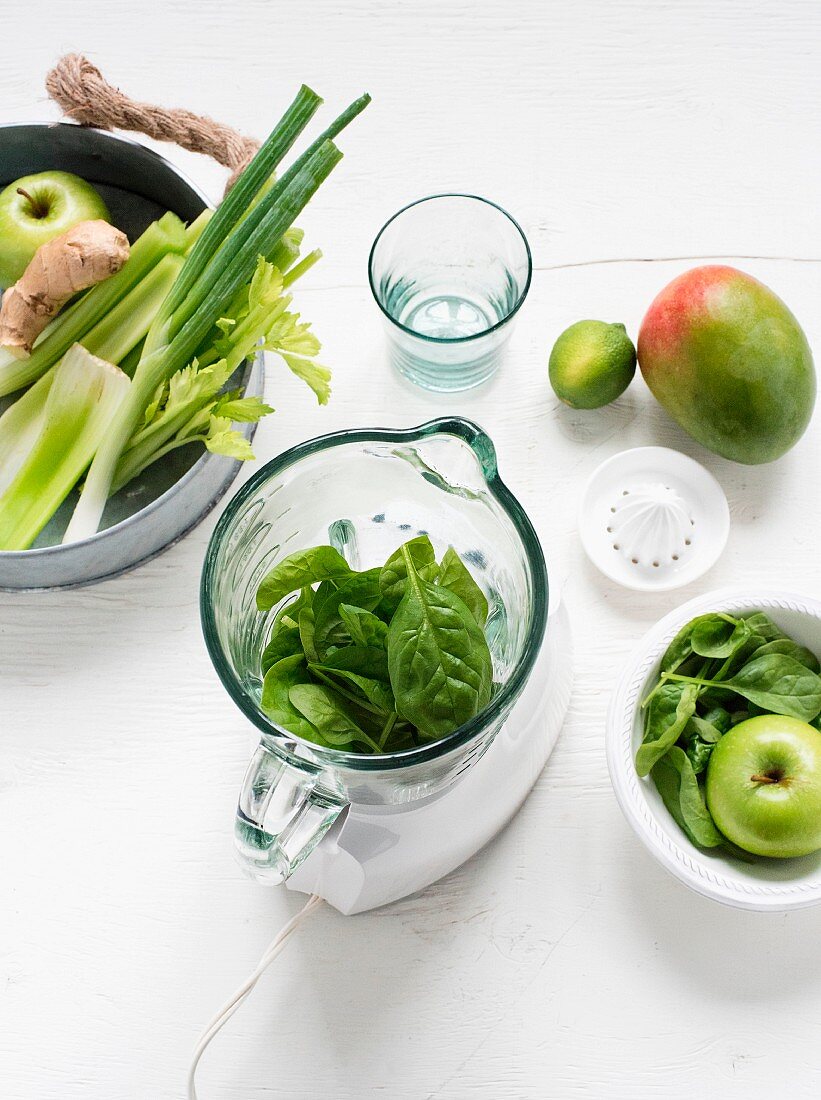 Fresh spinach leaves and a mixer surrounded by green fruit and vegetables