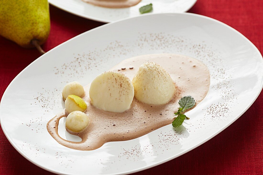 Pear mousse with chocolate sabayon