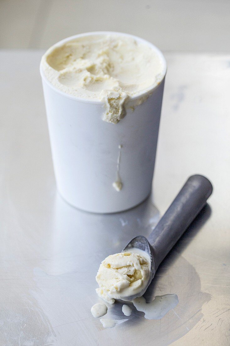 Vanilla ice cream in a cup with an ice cream scoop