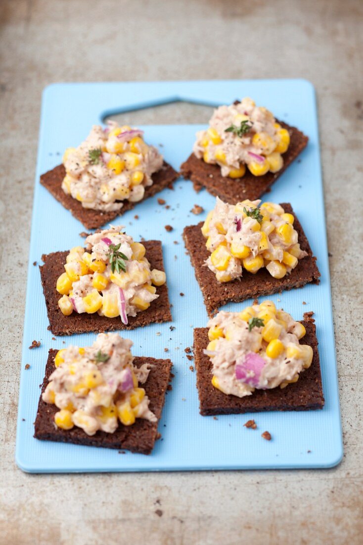Pumpernickel bread with tuna paste, sweetcorn and red onions