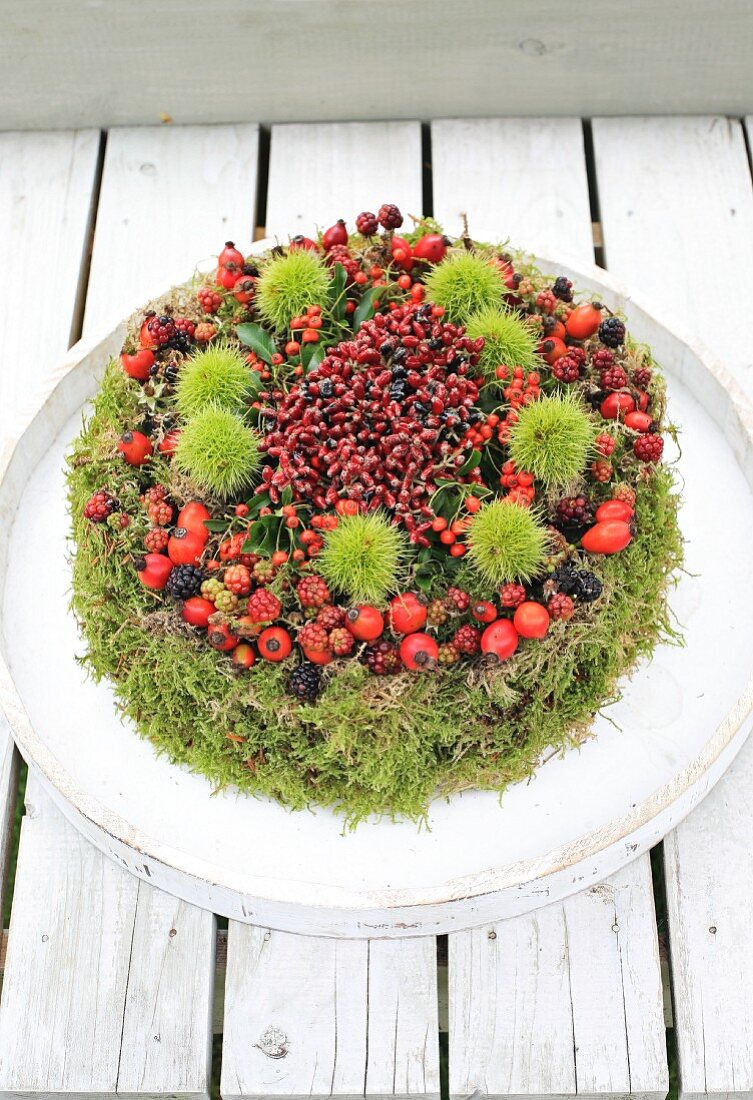 Hand-made ornamental cake made from moss, berries and sweet chestnuts for bird feeding station