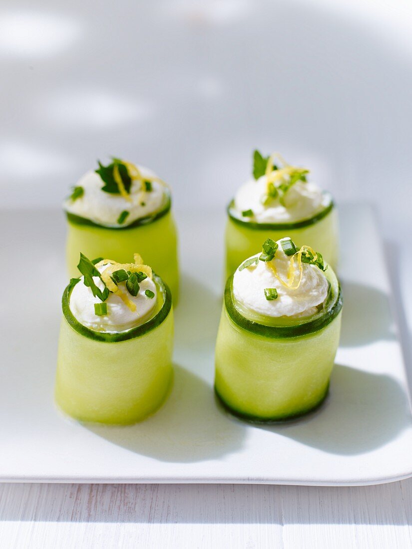 Cucumber rolls filled with cream cheese