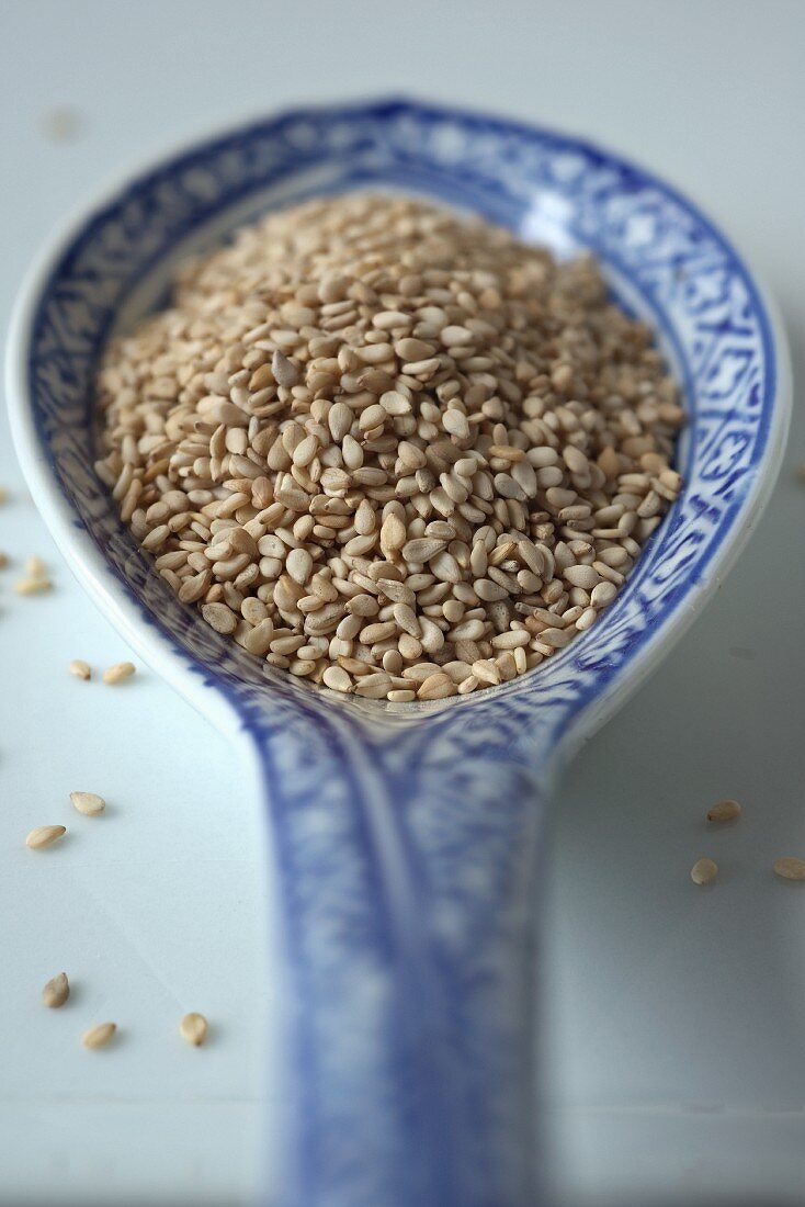 Sesame seeds on an oriental porcelain spoon (close-up)