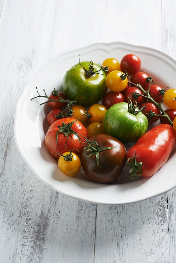 Various different coloured tomatoes on the white plate