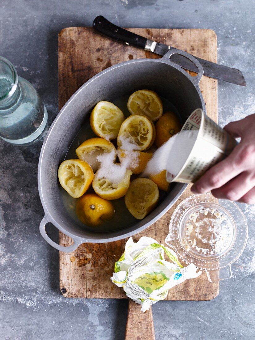 Lemon skins being boiled to make syrup