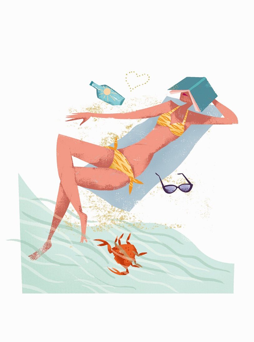 Frau in Bikini mit Buch über Kopf beim Sonnen am Strand (Illustration)