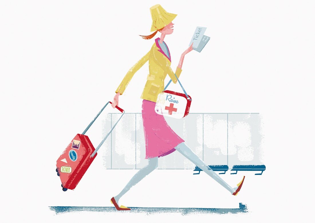 A woman running through an airport with a suitcase and a travel first aid kit (illustration)