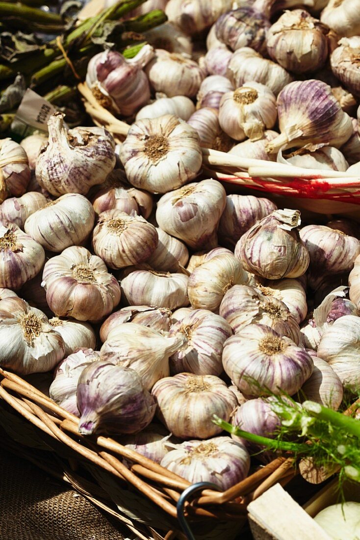 Dried garlic in large baskets