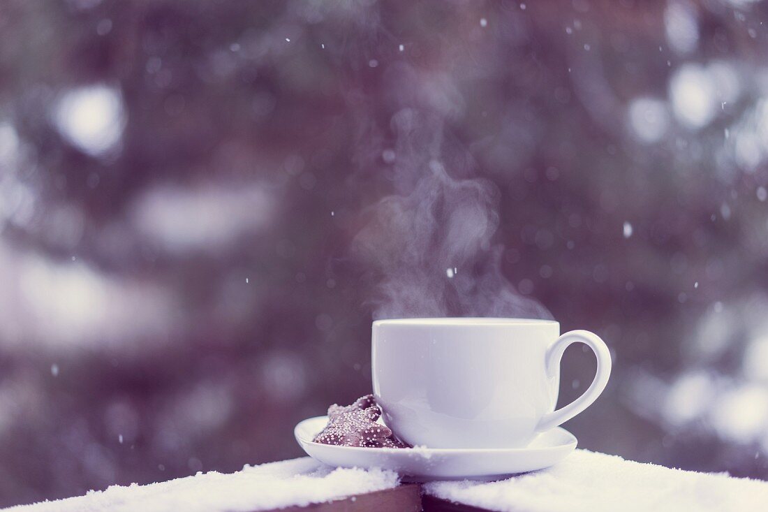 A cup of hot tea with biscuits on a saucer on a snow-covered balcony