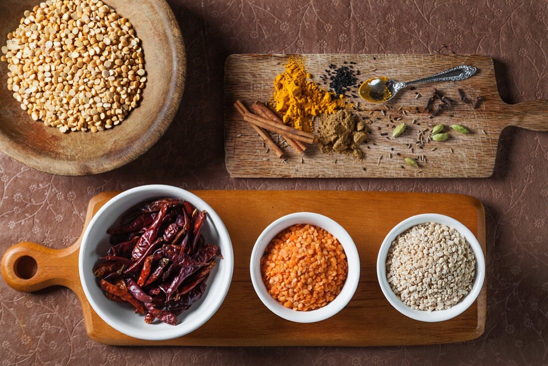 Verschiedene Zutaten für die indische Küche: Linsen, getrocknete Chilischoten, Kardamom, Kurkuma, Gewürznelken, Zwiebelsamen, Currypulver, Kümmel