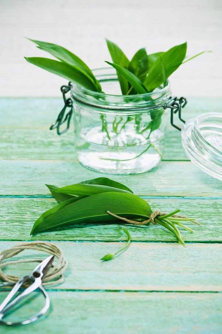 Wild garlic in a jar of water and in a bundle in front of it