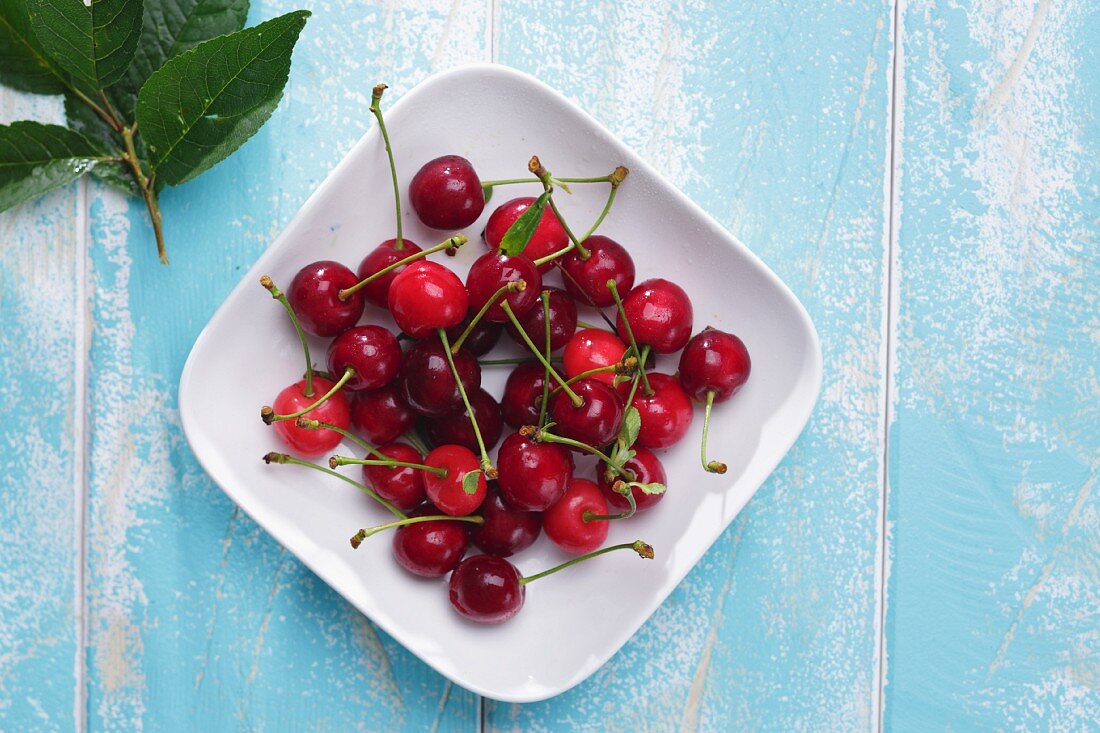 Fresh cherries on a plate (seen above)