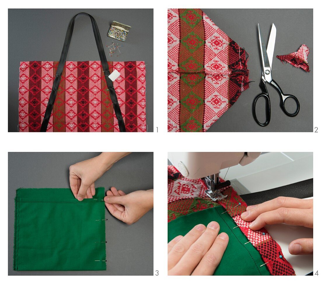A large red and green bag being made