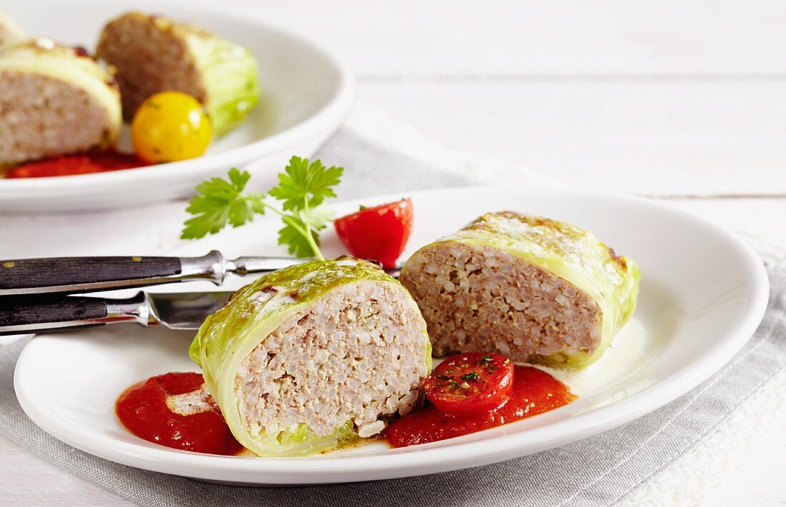 Golabki (Polish cabbage roulade) with tomato sauce