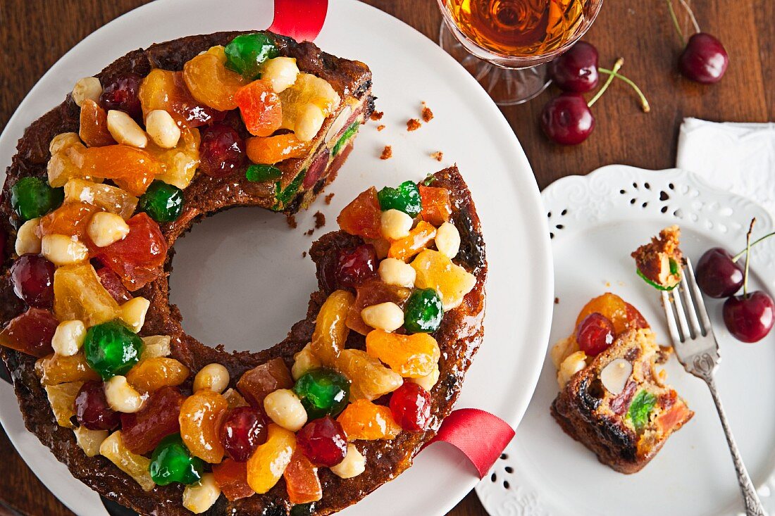 Glazed fruit Christmas cake with cherries and sherry