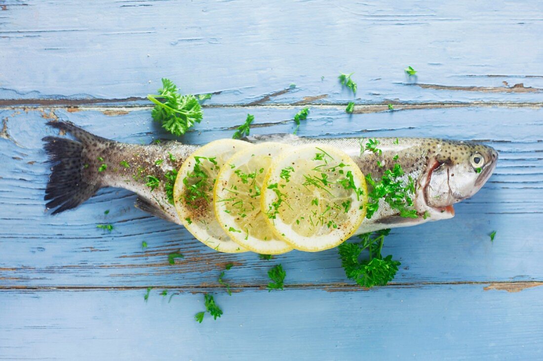 Raw trout with herbs and lemon on a blue wooden surface