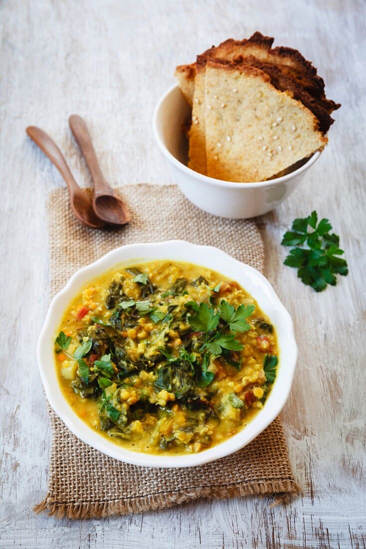 Lentil curry with chard and unleavened bread